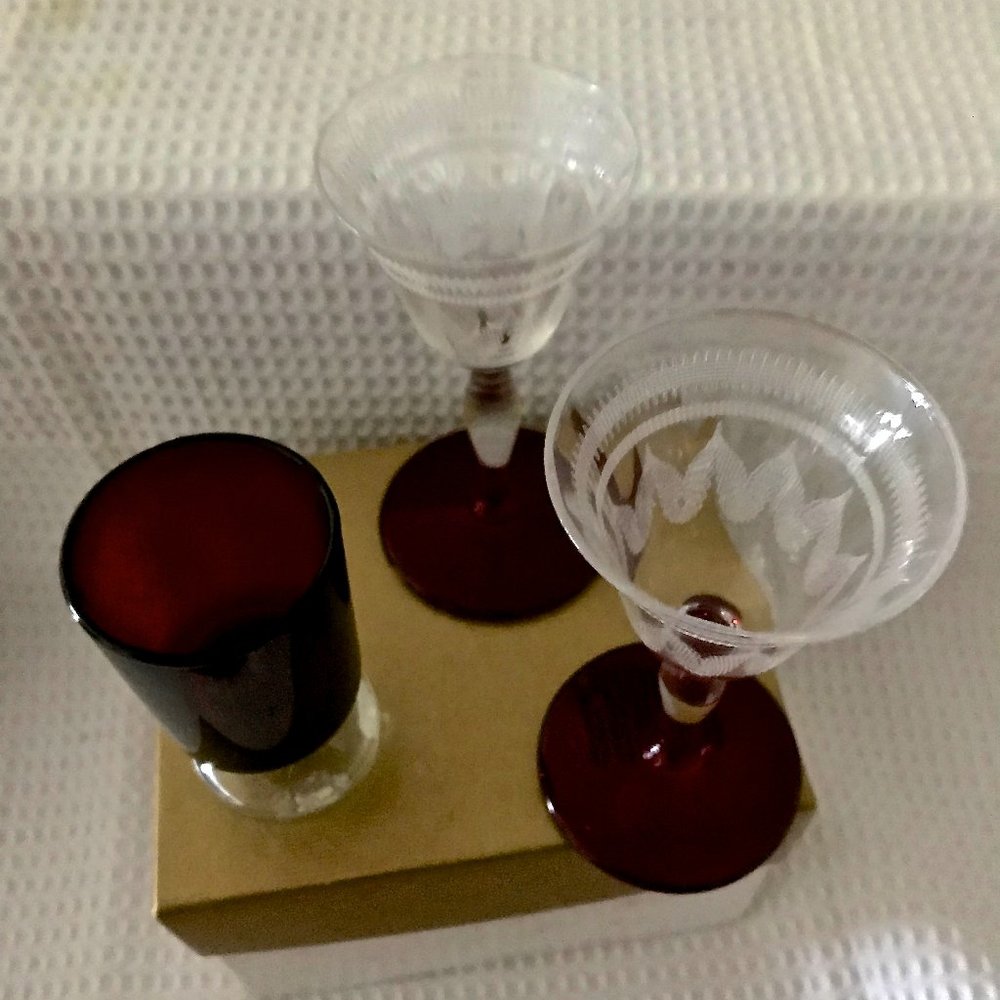 3 Vintage aperitif/cordial stemmed glasses. Clear etched crystal.
